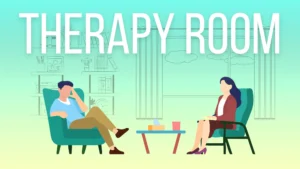 the image is an illustration of a therapy room. It describes the outline of books and window in the room with a couch and table. In the front. there is a client on the left talking about their problems and on the right there is a therapist listening to them.