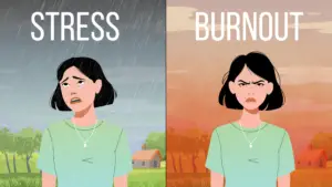 Illustration comparing stress and burnout. The left side, labeled 'Stress,' shows a tired and worried woman under dark clouds and rain. The right side, labeled 'Burnout,' depicts the same woman looking angry and exhausted under a dry, orange-hued sky.