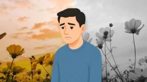 This is a blog cover showing a sad person without hope with a background supposedly of spring season but unsaturated. this explains the metaphor of the blog as it talks about how suicides rise in spring season.