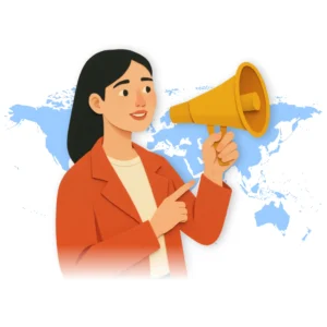 An illustration of a girl with speaker in her hand. This image has background of the world map. It is a callout sign for global citizens