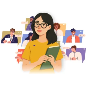 An illustration of a female early career therapist with a notepad in her hand.