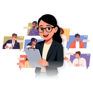 An illustration of a female early career therapist with a notepad in her hand.