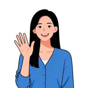 An illustration of a women smiling and showing hello hand gesture.