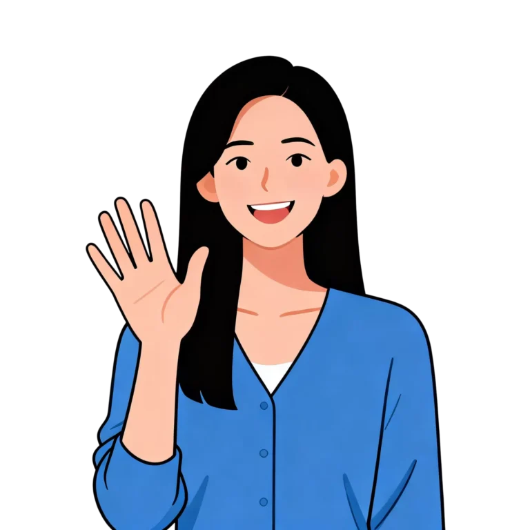 An illustration of a women smiling and showing hello hand gesture.