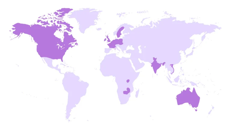 Map of the world with highlighted locations of our client countries