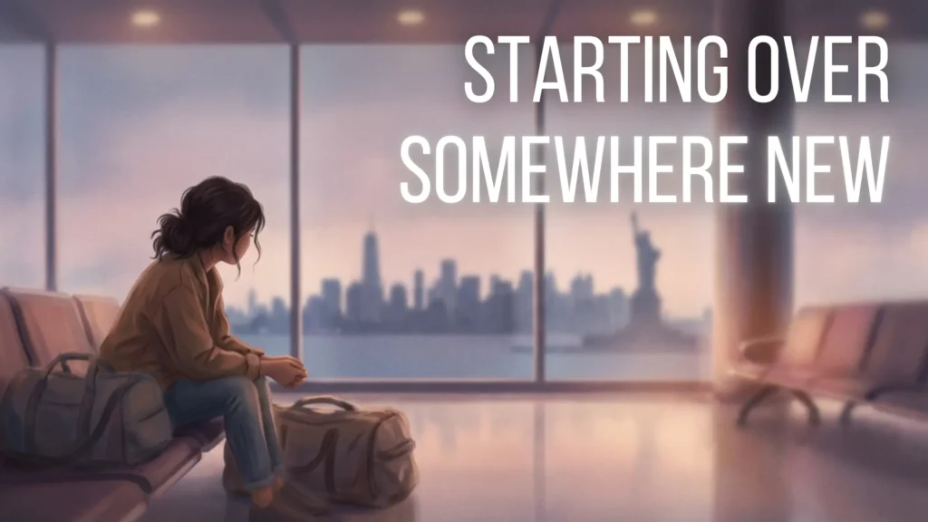 Illustration of a person looking out of a airport window at a new city skyline, symbolising relocation and emotional transition.