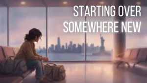 Illustration of a person looking out of a airport window at a new city skyline, symbolising relocation and emotional transition.