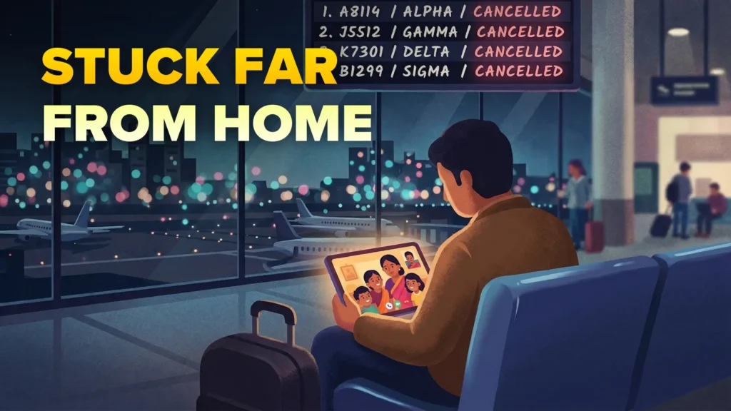 The image is an illustration of a man sitting on an airport video calling his family in a different country. The boarding screen shows flights as cancelled.