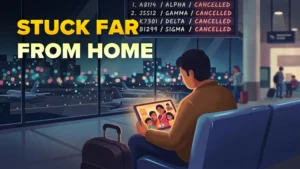 The image is an illustration of a man sitting on an airport video calling his family in a different country. The boarding screen shows flights as cancelled.