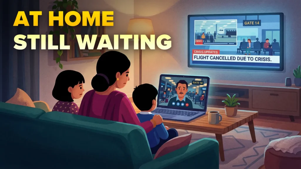 An illustration of a family with wife and kids video calling the husband via laptop as his flight gets cancelled due to crisis.