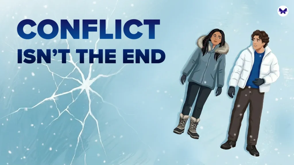 An illustration of a couple laying down on frozen surface. looking worried. the ice has crack which symbolizes the rupture in their relationship.