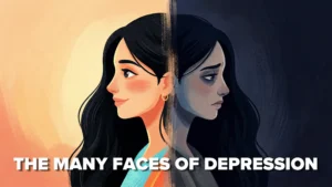 a handpainted illustration of a girl in split mood. the left side shows her happy face and the other showing sad. The thumbnail symbolizes depression.
