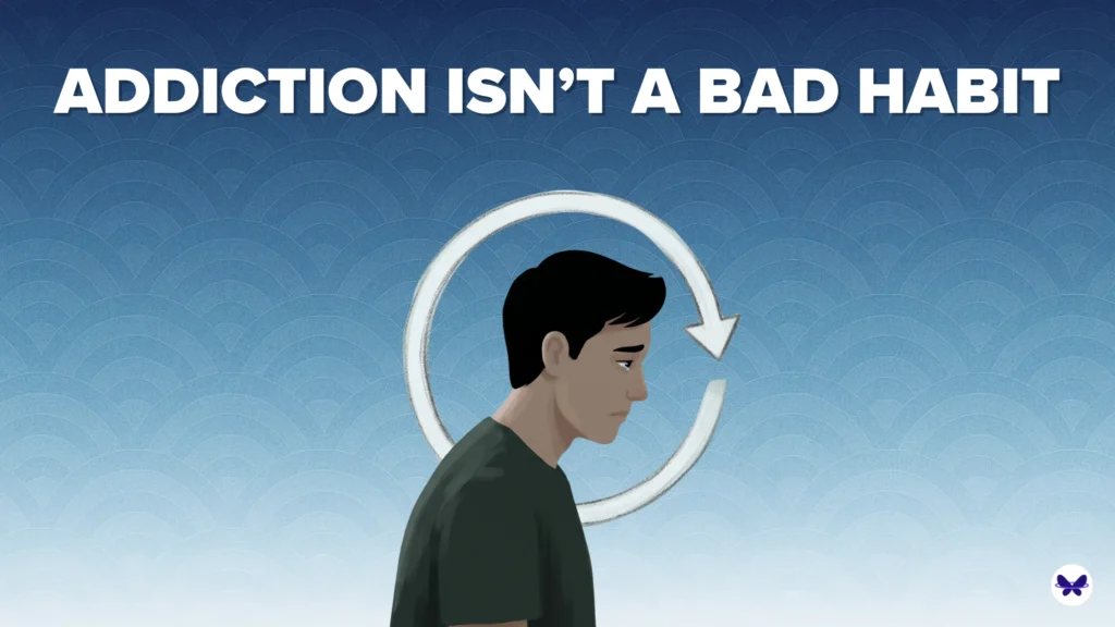 This thumbnail has an illustration of a man who appears to be tired and drained. There is an circle loop arrow behind him which signifies the cycle of addiction and repeatition.