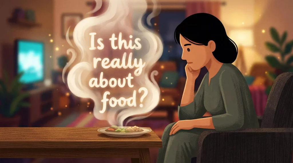 An illustration of a women sitting and thinking while the plate of her food displays a smoke which transitions into words - is this really about food?