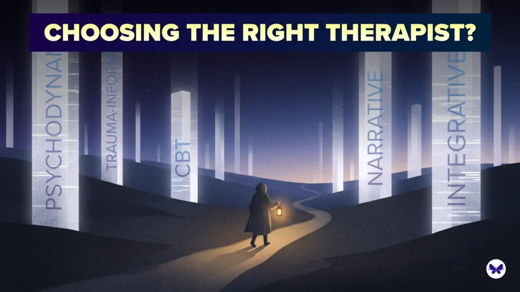 A person navigating through pillars of papers with titles of therapy approaches. trying to find the way to the perfect therapist symbolised by a light.