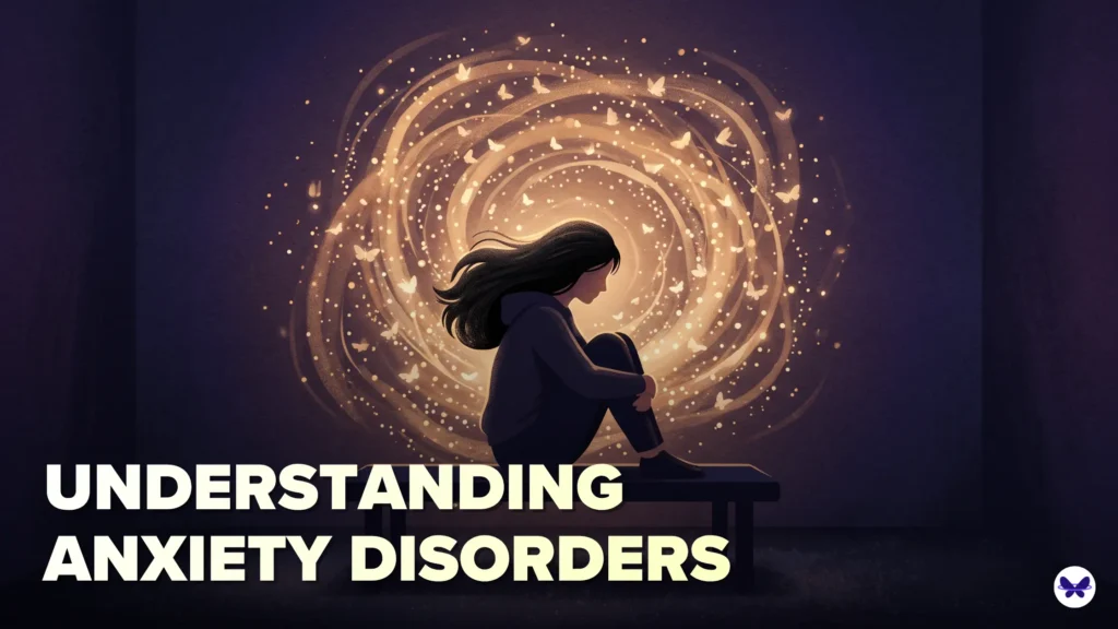 Illustration of a person surrounded by swirling thoughts while trying to protect themselves, symbolising anxiety as an overprotective survival response.