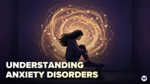 Illustration of a person surrounded by swirling thoughts while trying to protect themselves, symbolising anxiety as an overprotective survival response.