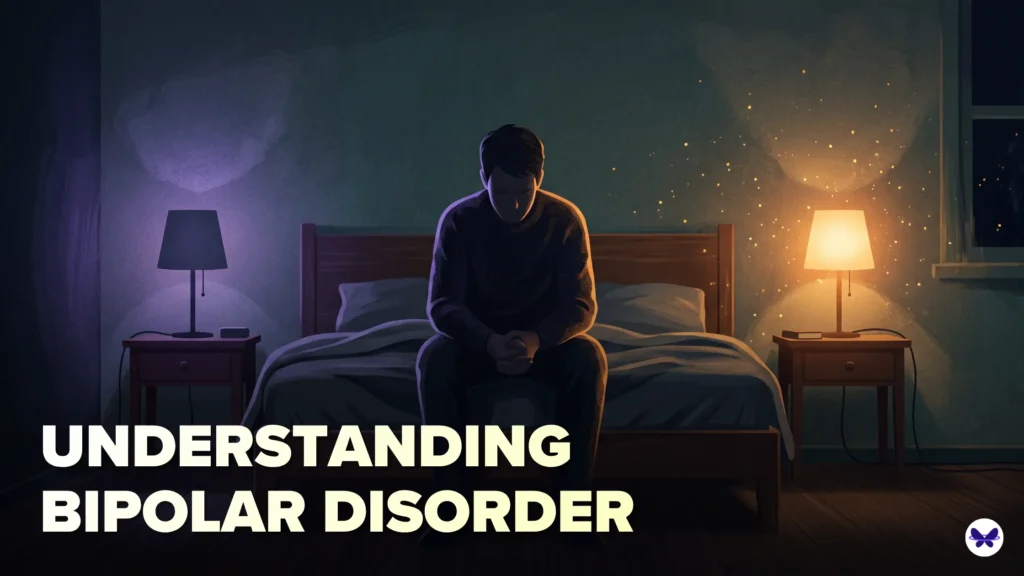 A man sitting with two lamps. The room is filled with darkness but two lamps are on signifying different emotions. Bright lamp signifies mania and dull lamp depressive episode. This is an illustration.